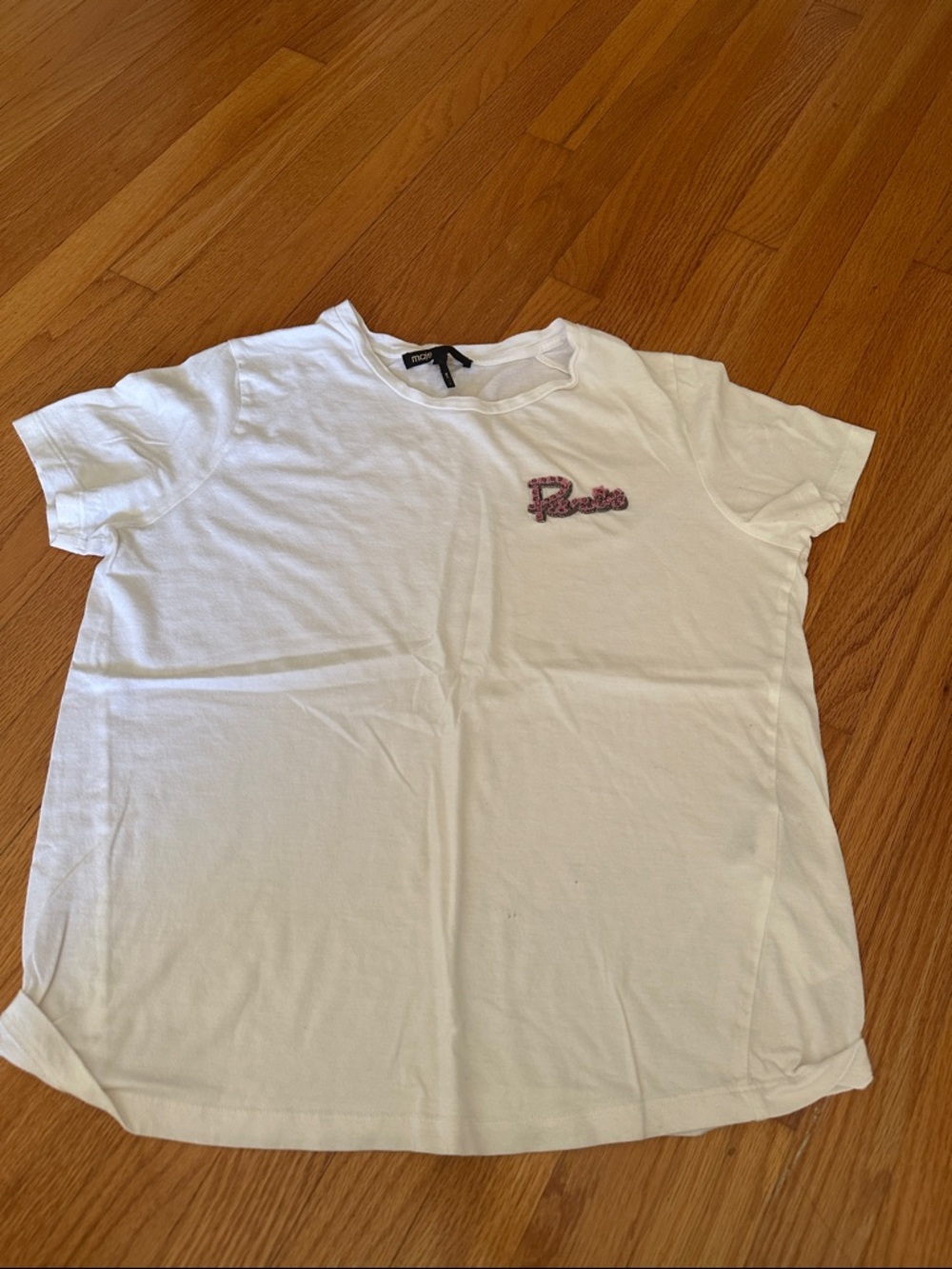 Maje White Short Sleeve Tee with Pink Embroidered Script